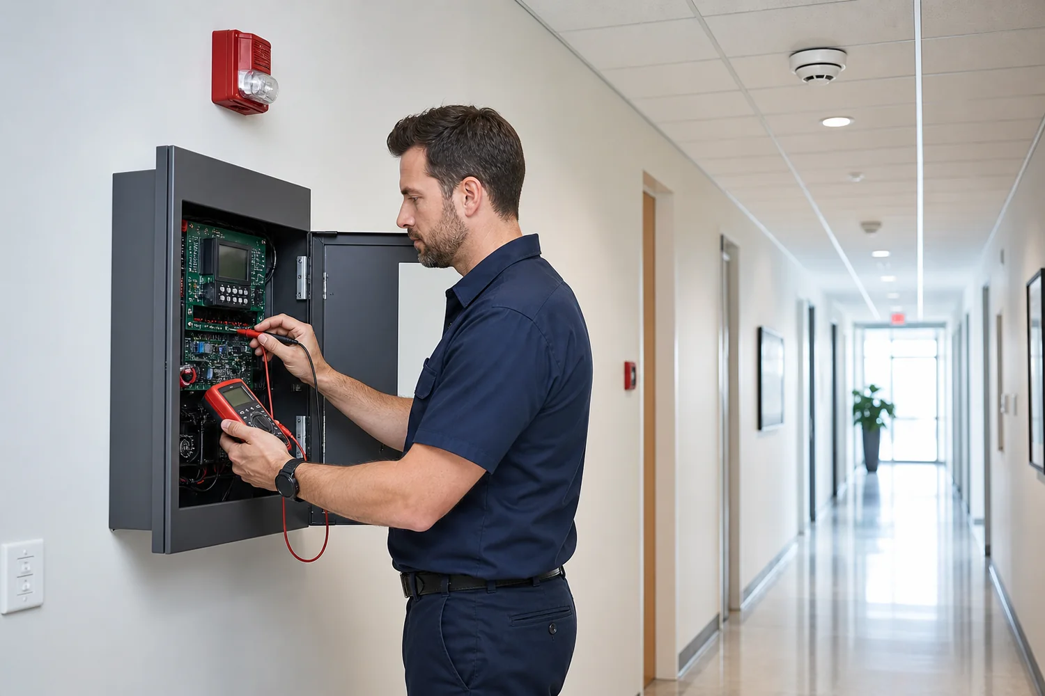 Technician testing a commercial fire alarm control panel