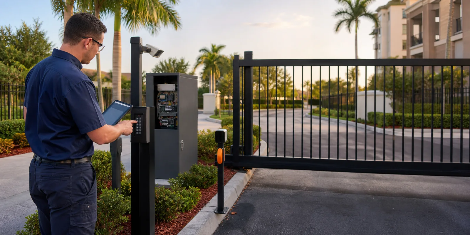 Technician commissioning a commercial gate and access keypad
