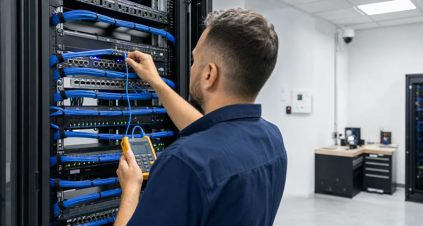 AGE technician working on commercial communications and security infrastructure