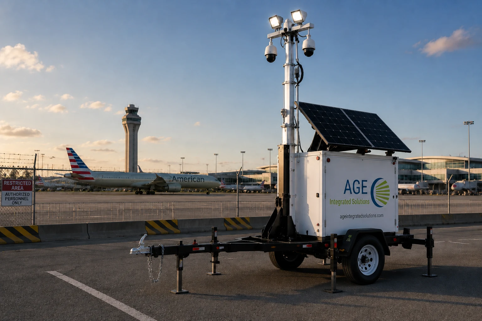 AGE mobile surveillance trailer supporting airport perimeter security at golden hour