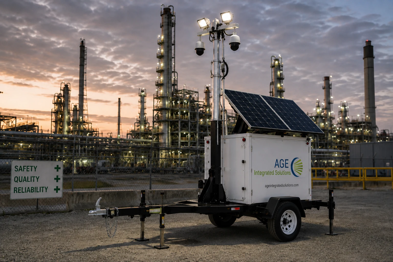 AGE mobile surveillance trailer monitoring an industrial refinery at sunset